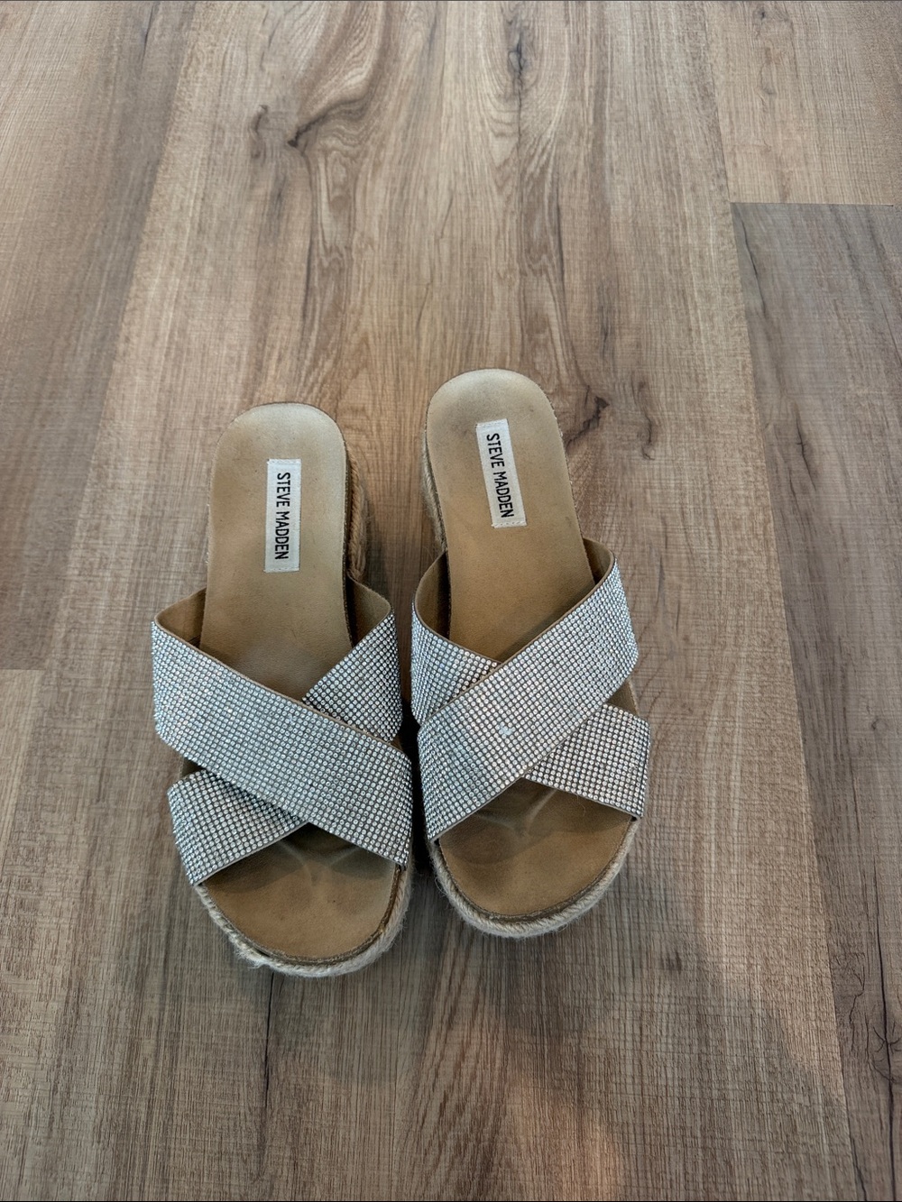 Steve Madden Crystal Embellished Crossband Slide Sandals - Silver